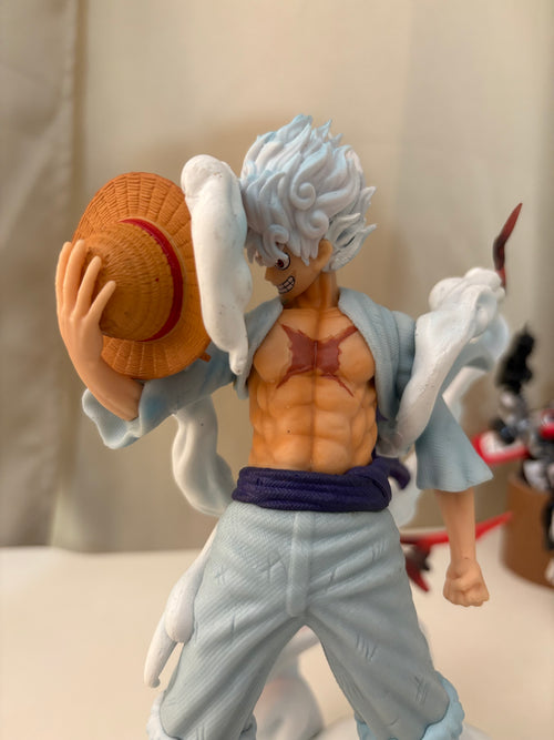 Close-up of Luffy Gear 5 laughing face, white flame hair, and woven straw hat held in hand