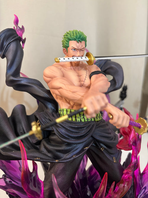 Close-up of Roronoa Zoro green hair and scar over eye biting white hilt Wado Ichimonji sword