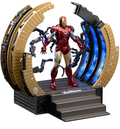 Marvel Iron Man Mark 6 action figure standing inside glowing blue suit-up gantry platform on tiered stairs