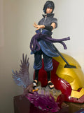Naruto Shippuden Sasuke Uchiha Taka figure standing on rock base with summon hawk and purple chakra flames