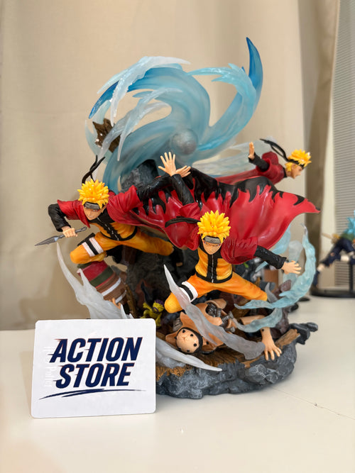 Naruto Uzumaki Sage Mode shadow clone battle diorama statue with blue chakra whirlwind on rock base