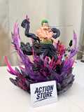 One Piece Roronoa Zoro King of Hell action figure in three sword style surrounded by purple Haki flames on rock base