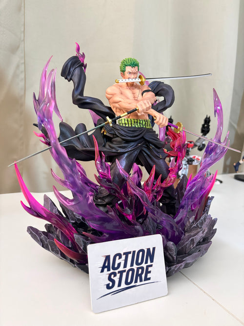 One Piece Roronoa Zoro King of Hell action figure in three sword style surrounded by purple Haki flames on rock base