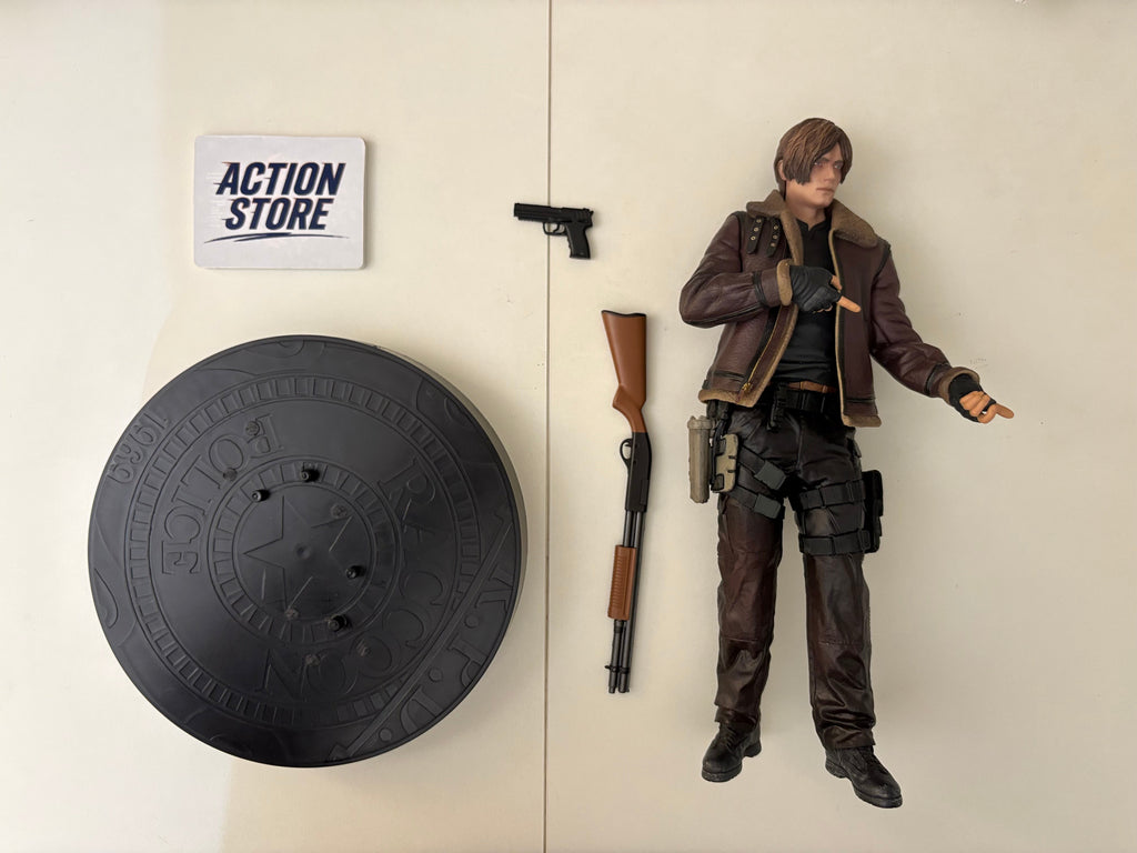 Resident Evil 4 Leon S Kennedy action figure holding shotgun in brown bomber jacket on RPD base accessories